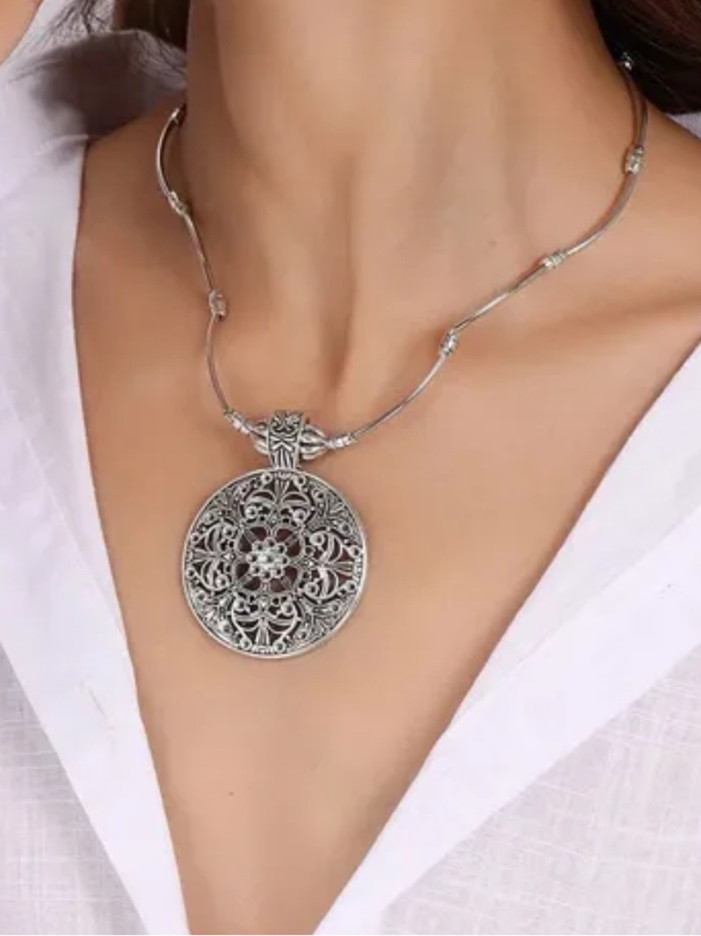 Silver Intricate Floral Round Pendant Necklace - Women Jewelry